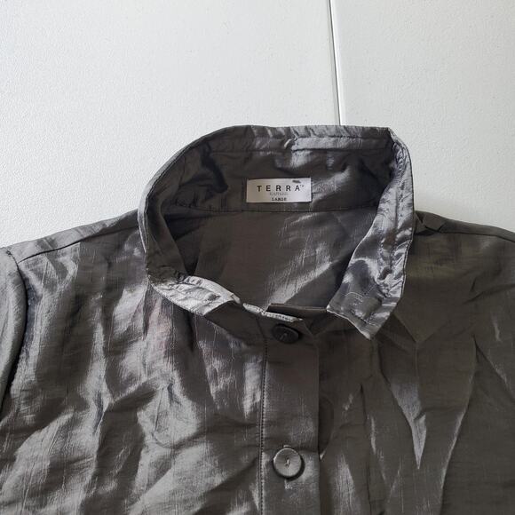 Terra Jacket Women Large Grey Button Front Lightweight Crinkle Artsy Wire Collar - Picture 3 of 8